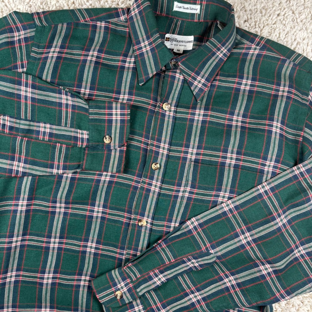 Vintage Cumberland Flannel Mens Button Down Shirt Medium Green Plaid Long Sleeve